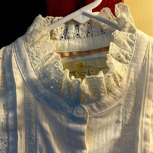 Boden white blouse with ruffle collar and cuffs. 20” pit to pit